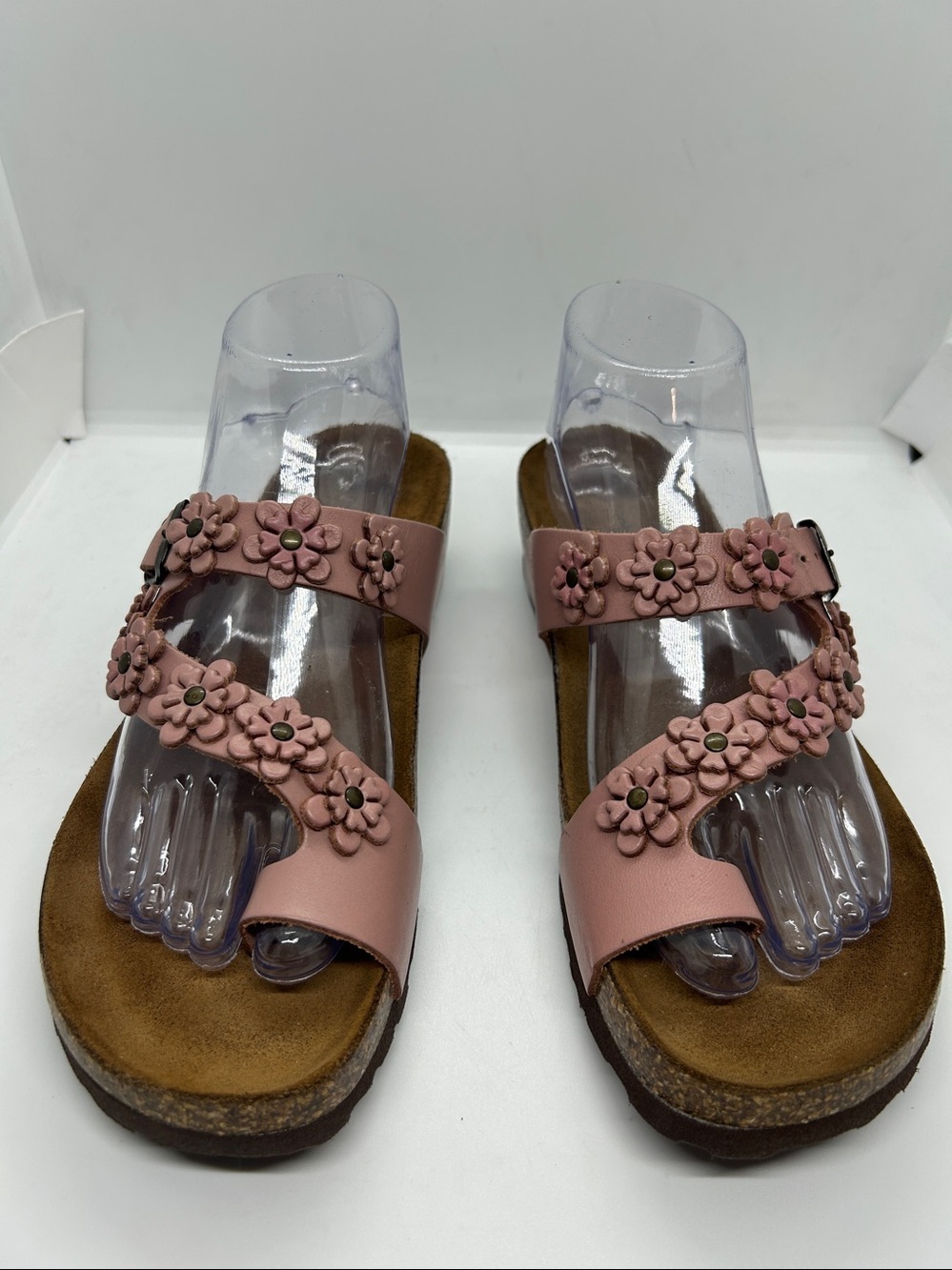 Sophia Milano Wedge Sandals Size 9 Mauve Pink Leather Flowers Slip On Toe Post - Picture 2 of 11